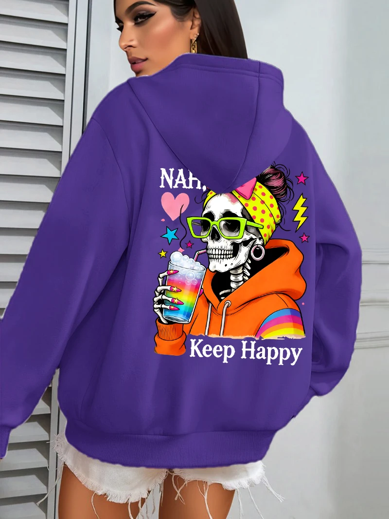Houd Happy Drinks Kleurrijke Schedels Print Vrouwen Hoodie Herfst Losse Hoodies Mode Y2K Streetwear Fleece Pocket Jogging Hoody