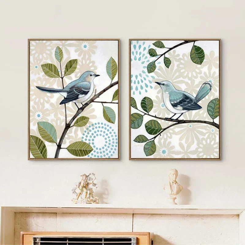 1PCS frameless  Canvas painting Abstract Flower Green Leaves Lovely Blue Birds Animal Print Canvas Painting Pastoral Poster Wall