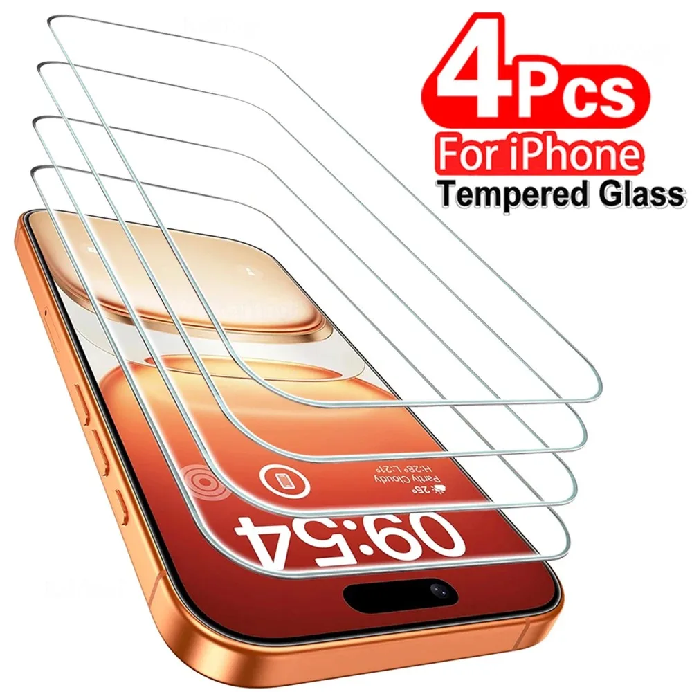 Protecteur d'écran en verre trempé, 4 pièces, pour iPhone 13 17 16 15 14 12 11 Pro Max XR X, définition HD, revêtement oléophobe