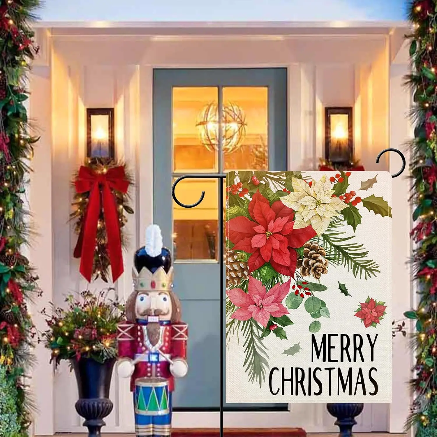 Dyrenson Merry Christmas Poinsettia Flower Decorative Garden Flag, Xmas Floral Pine Cone Holly Red Berries Yard Outside Home SSL