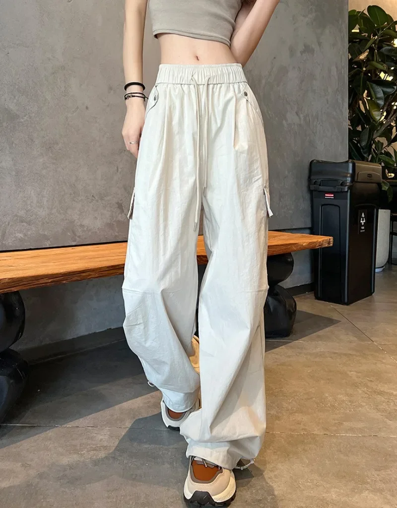 Women Summer Cargo Pants Simple Loose Sport Pants New Fashion Solid Colors Trousers with Bandage Pocke All Match Sweatpants