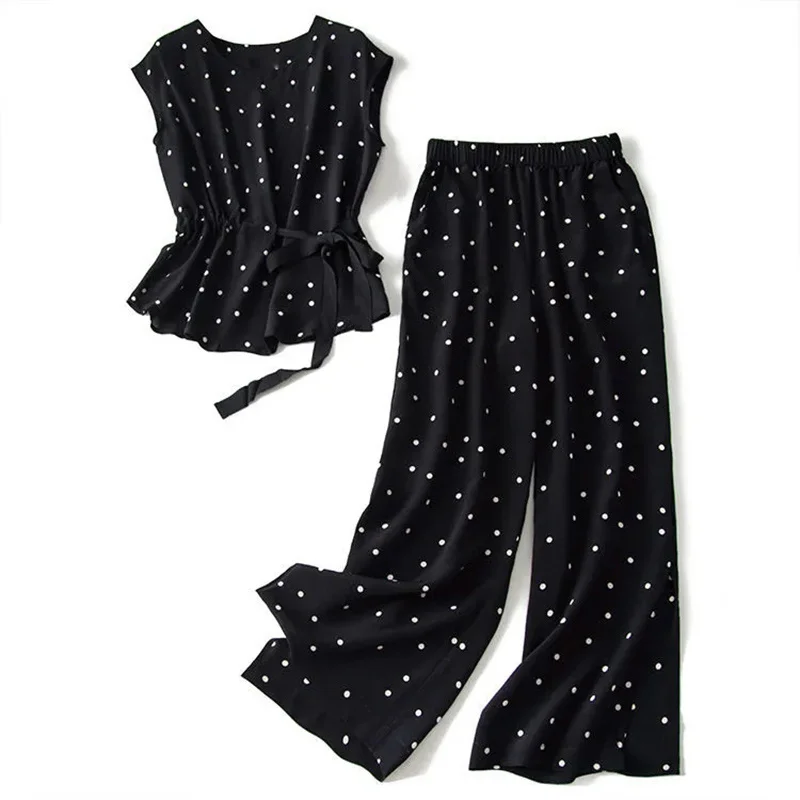 

Women's suit 2023 vintage casual chiffon lace up sleeveless top polka dot high waist wide leg Women's pants set woman 2 pieces