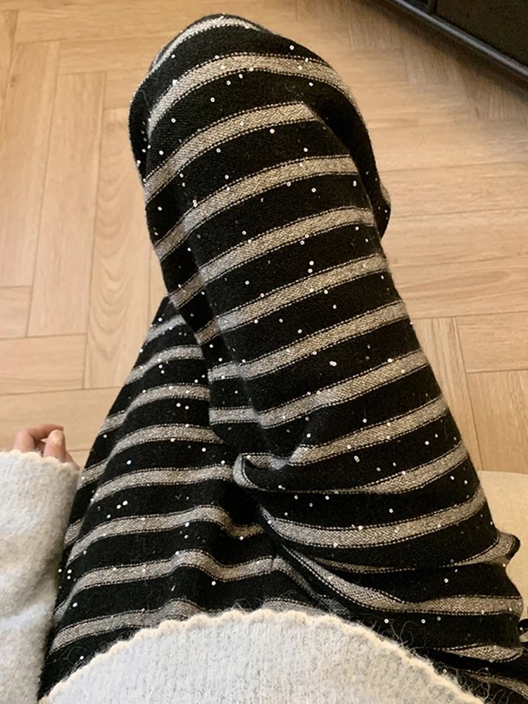 Color Blocking Striped Knitted Wide Leg Pants For Women Autumn Winter Sparkling Sequin Casual Straight Leg Floor Pants New