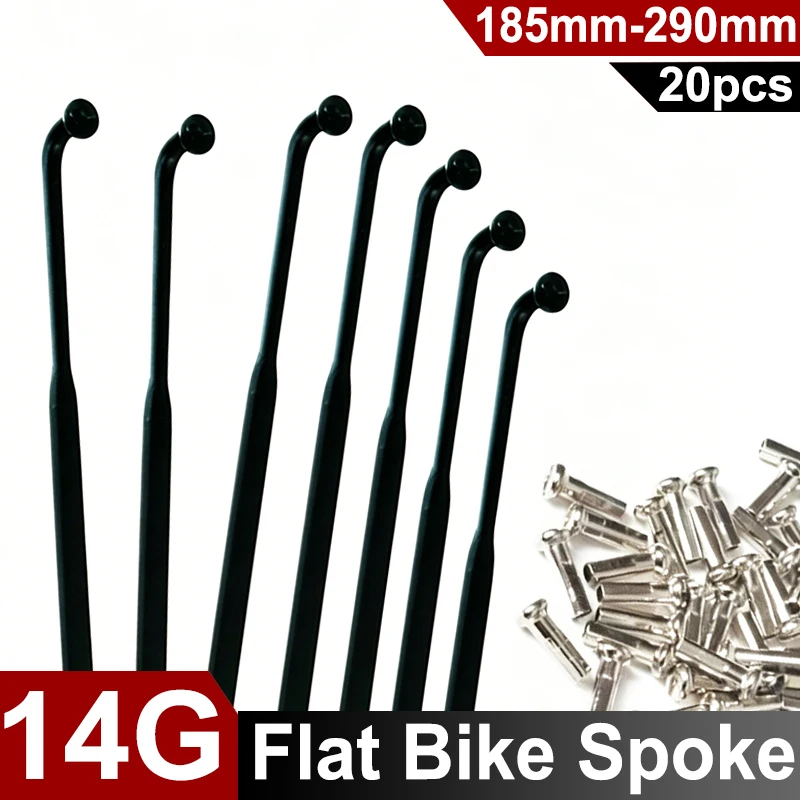 

20PCS Aero MTB J-Bend Flat Spokes 14G Black Steel Spokes 700C Road Bicycle Racing Spoke 185-290mm Flat Spokes+Brass Nipples