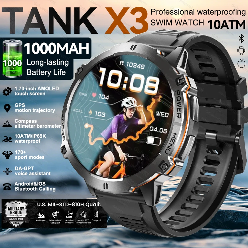 

Военные смарт-часы TANK X3 1000 мАч со сверхбольшой батареей, мужские GPS-компас, 10 АТМ, водонепроницаемые, беспроводные, для плавания, HD BT, умные часы с вызовом