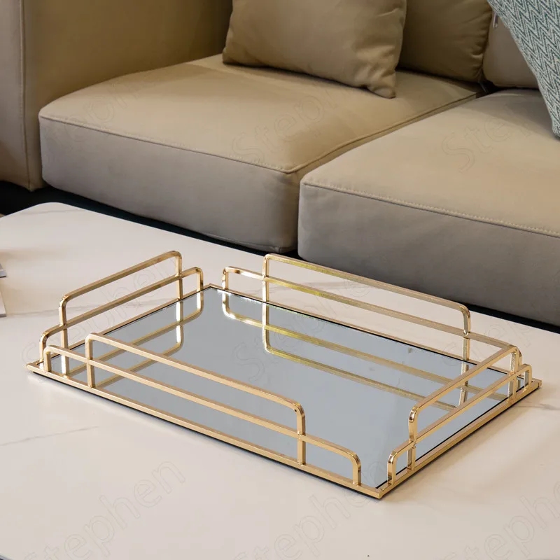 

Golden Stroke Glass Mirror Rolling Tray Nordic Large Rectangle Tea Cup Wine Set Coffee Table Trays Decorative Home Decoration