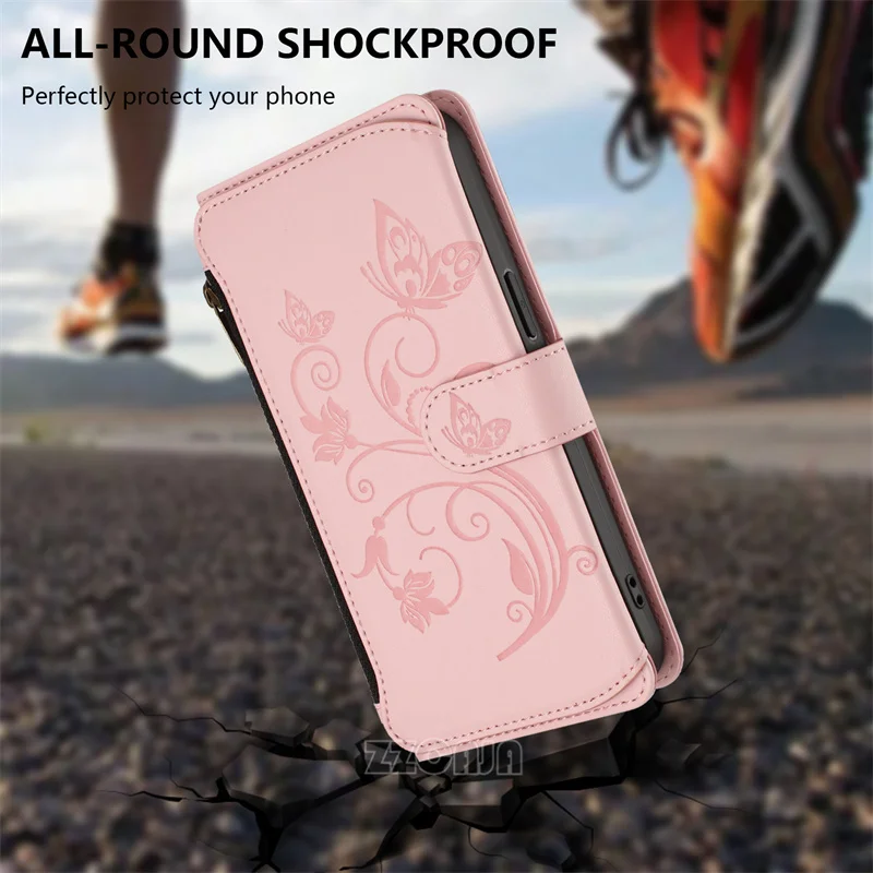 POCO F7 Ultra F6 Pro F5 X7 X6 NEO X4 X3 ซิปกระเป๋าสตางค์ดอกไม้สําหรับ Xiaomi A1 A2 A3 Mi 9 Lite หนังการ์ดสล็อต Lanyard