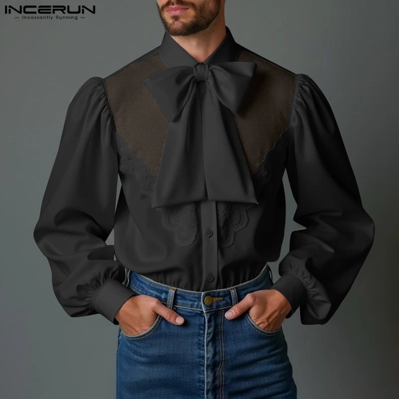 Incerun camisas masculinas romance francês arco 2024 casual solto gola topos bonito moda laço emenda retalhos topo túnicas