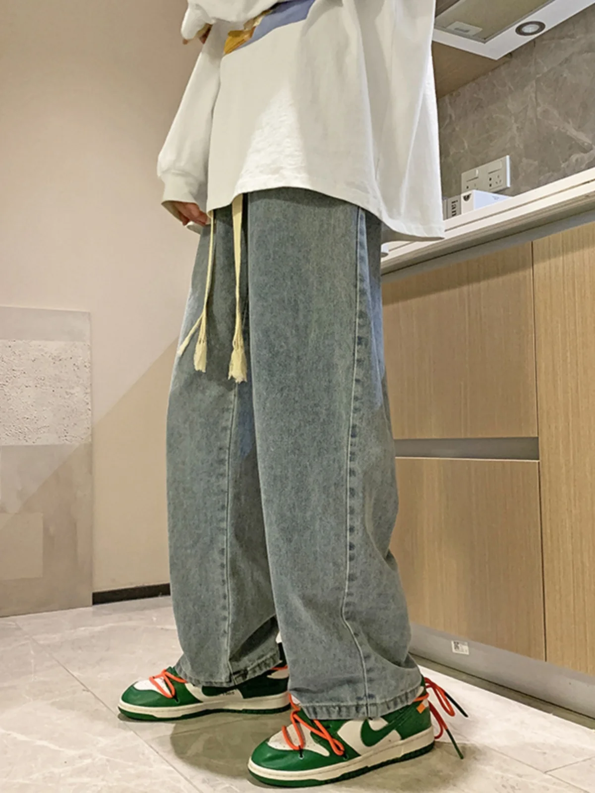 

Loose Wide Leg Men's Jeans Elastic Waist Corduroy Straight Cut Casual Trousers Spring Faion Street Sle High Waist