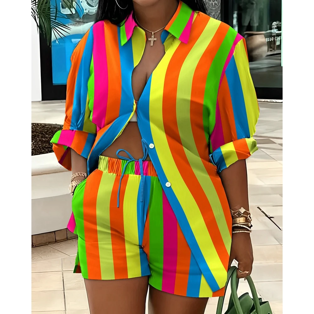 

Casual Long Sleeve Two Piece Set for Women All Over Striped Print Buttoned Shirt Top & Drawstring Shorts Set Summer Outfits 2023