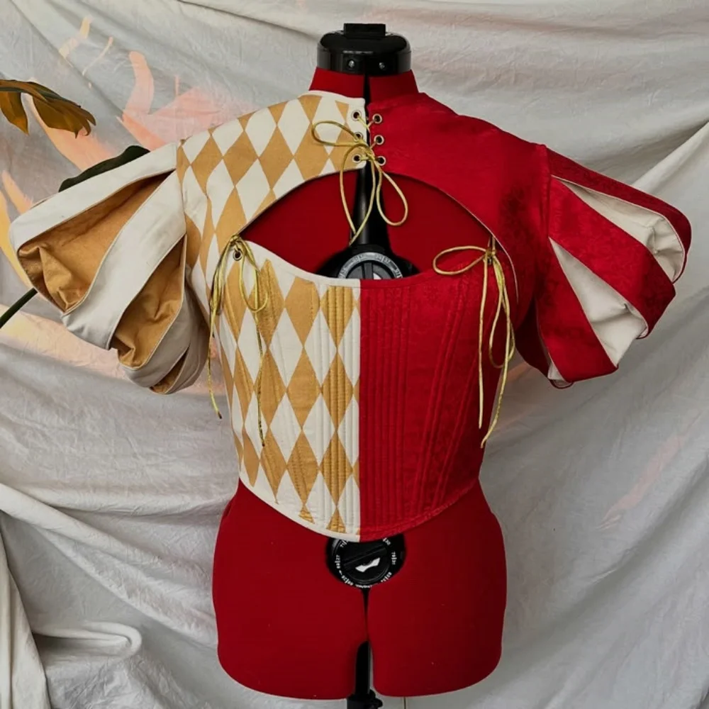 Medieval Jester Cosplay Harlequin Costume Women Gothic Puff Sleeve Crop Top Victorian Queen Joker Outfits Venice Christmas Clown