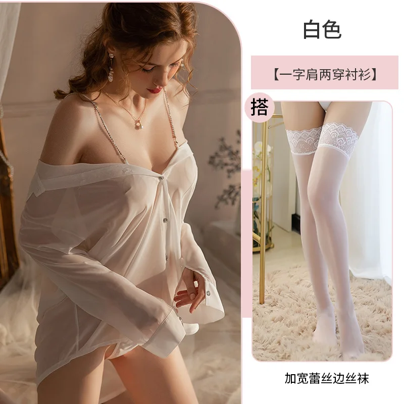 Plus Size Perspective Boyfriend Style Uniform Set Fun Lingerie Sexy Suspender Diamond Chain Shirt Ins Popular Online Live Pajama