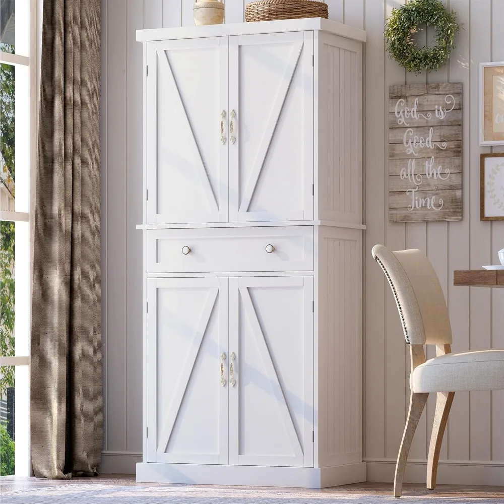 72“ Kitchen Pantry Cabinet White, Tall Pantry Storage Cabinet with Adjustable Shelves and Drawer, Kitchen Buffet Cupboards Sideb
