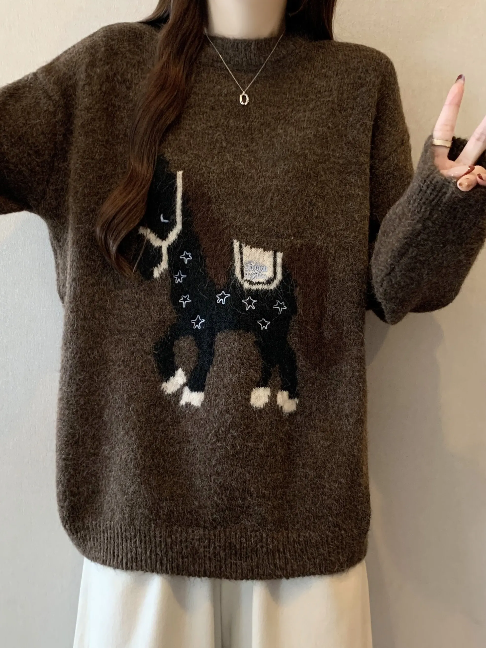 Winter Women's Knitted Sweater Coffee Color  Patterned Slimming Large Size Inner Wear Top Trendy Commute Sle Long Sve