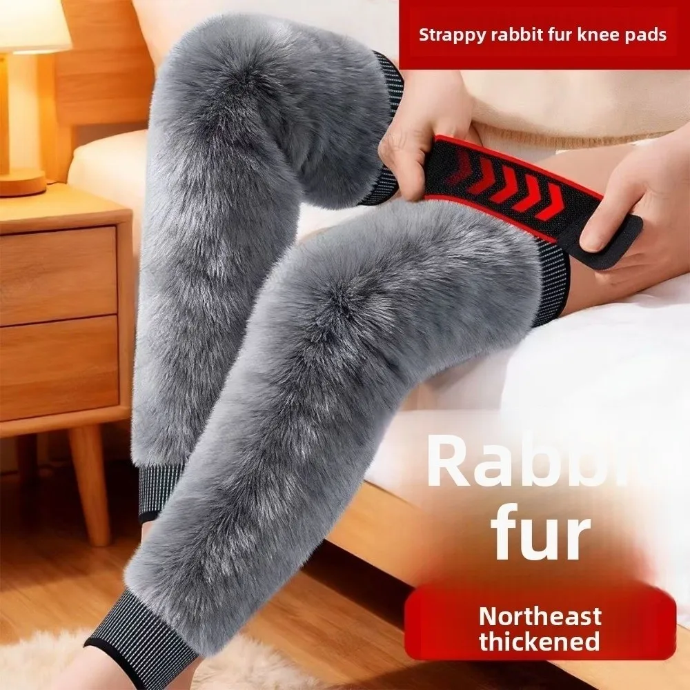 

Imitation Otter Rabbit Hair Warm Knee Pads with Straps Cold-proof Winter Warm Plush Thick Knee Protector Wraps Leg