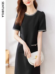 SENTUBILA Women's Elegant Short Black Dress 2024 Summer Crew Neck Short Sleeve Contrast Crop Mini Dresses With Pocke 132L49381