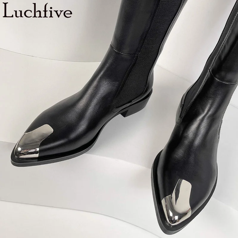 Black Genuine Leather Knee High Flat Boots Women Metal Pointy toe Elastic Slip on Punk Boots Luxury Fashion Week Ankle Boots