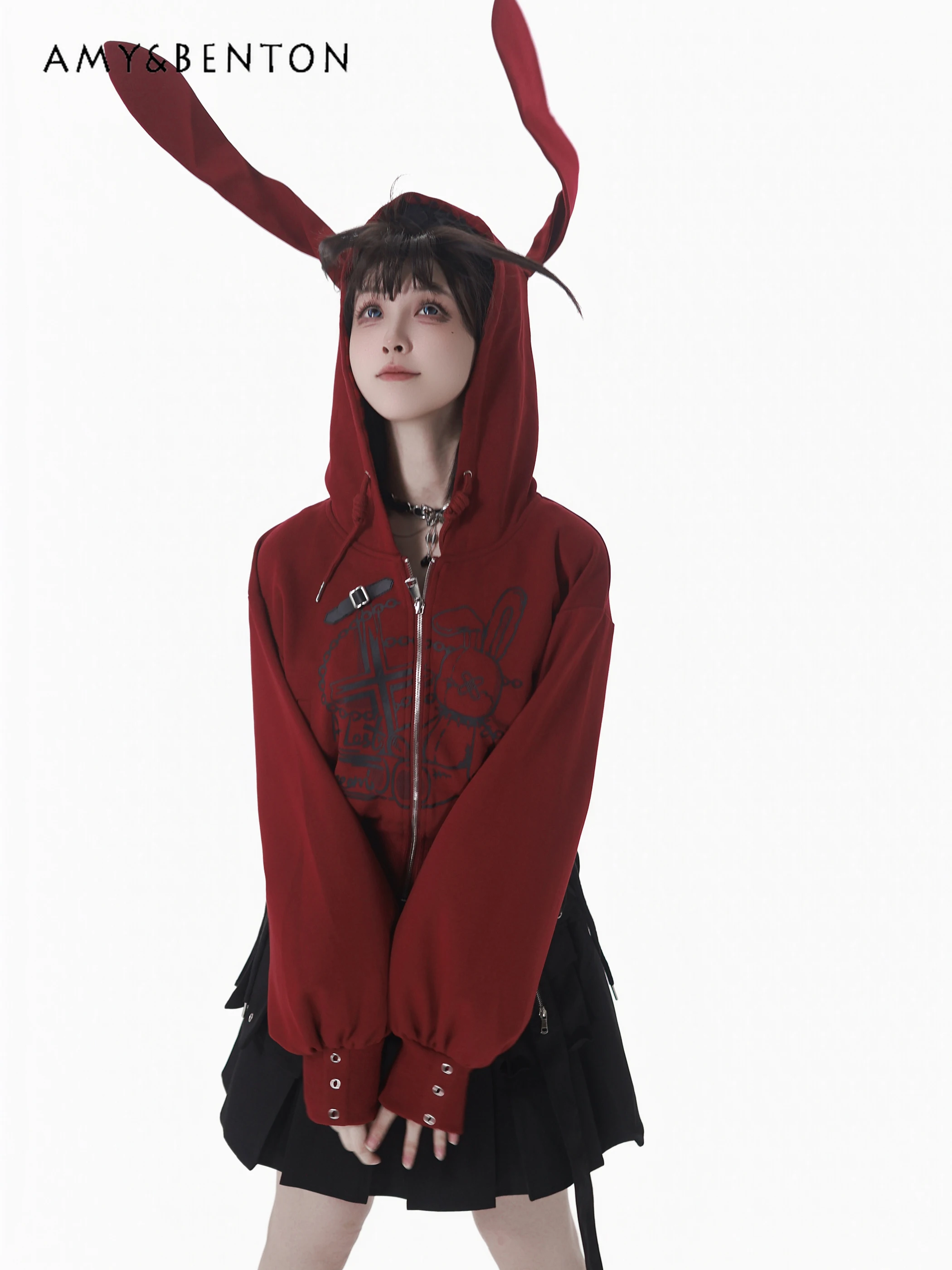 Pinksavior Original doux mignon imprimé lapin oreille Zip veste à capuche plissée jupe irrégulière automne hiver Harajuku Style tenues