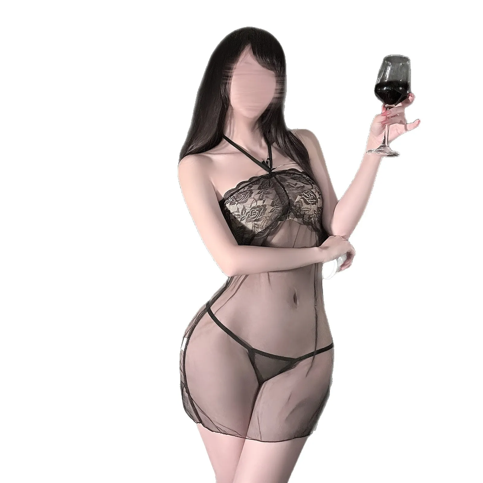 새로운 섹시한 여성 란제리 관점 교수형 목 잠옷 백리스 투명 레이스 여성을위한 초박형 서스펜더 블랙 드레스