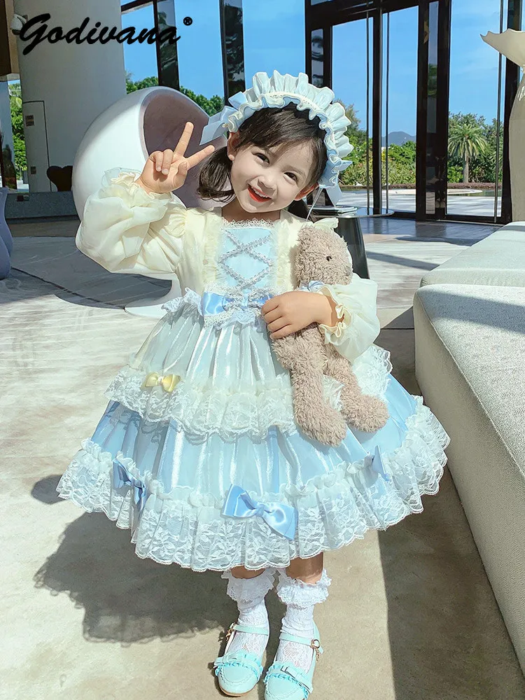 Sweet Baby Girls Lolita Princess Dress with Headpiece 2026 Spring and Autumn New Kids Blue Lace Trim Bow Long Sleeve Ball Gown