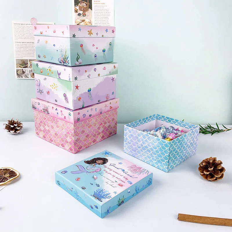 

4-Piece Mermaid Pattern Square Gift Box, Cardboard Nested Gift Box, Birthday, Christmas, Christmas Eve, Wedding Gift Boxes