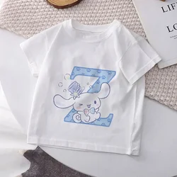 Cinnamoroll T-shirt pour enfants, lettres A B C D, nom BLOSanurgente, tee-shirts Kawaii pour filles, dessins animés, vêtements décontractés pour enfants, garçon