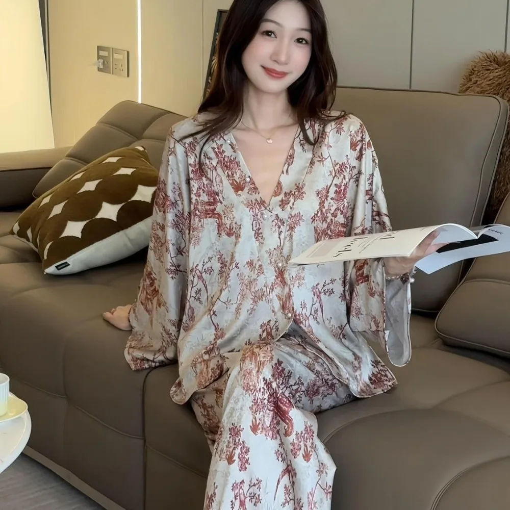 

Женская пижама с ретро-принтом, весенне-осенний комплект из 2 предметов: топ с длинным рукавом и брюки, ночная одежда для женщин