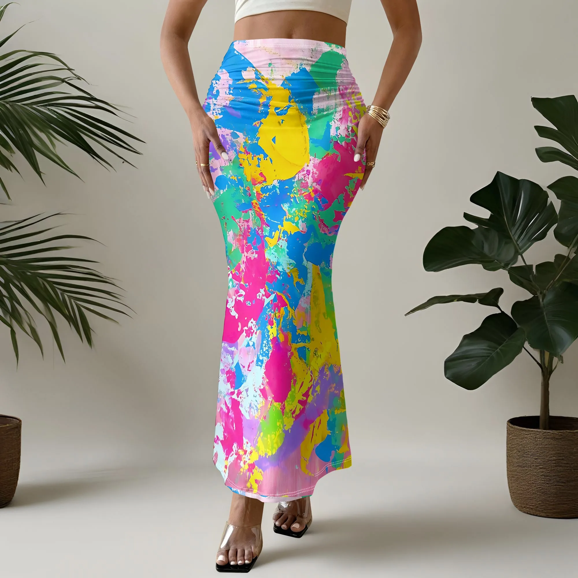 Vibrant Paint Splatter Print Mermaid Skirt, Neon Abstract Art Design, Bodycon Ruched Maxi, Beach Party Wear S-2XL
