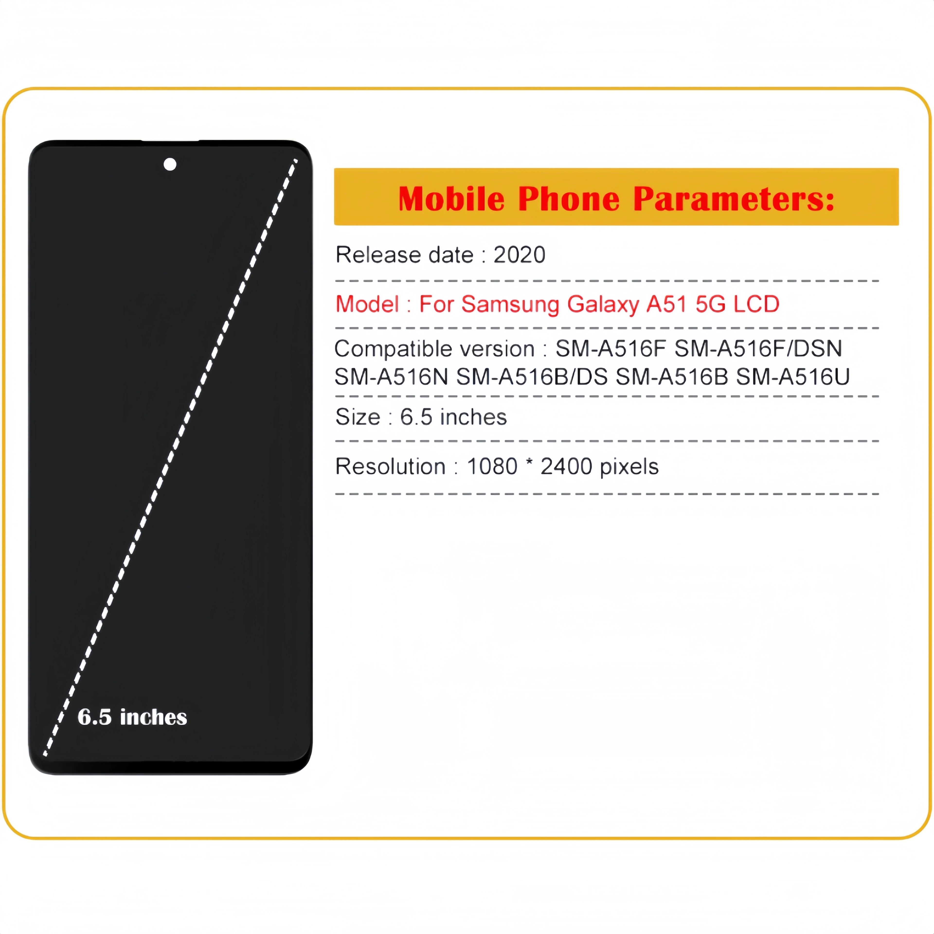 LCD Display Touch Screen Digitizer Assembly Replacement, Samsung Galaxy A51 5G,A516B,SM-A516F, A516F/DSN, A516N, A516B/DS, A516U