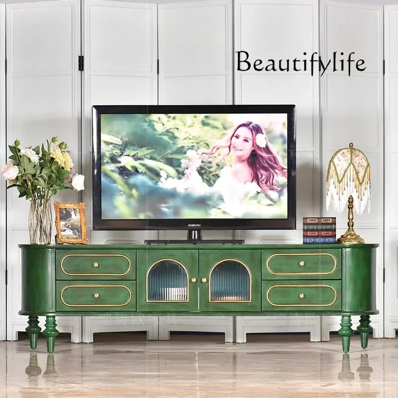 X40 American Retro Solid Wood TV Cabinet Luxury Multi-layer Storage Locker Living Room Opposite Door Storage Low Cabinet