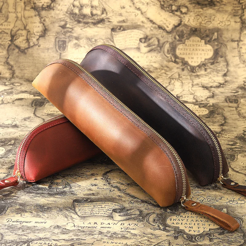 

Genuine Leather Zipper Pencil Case Extended Version Large Capacity Pen Bag Retro Cowhide Pen Case Student Stationery Storage Box