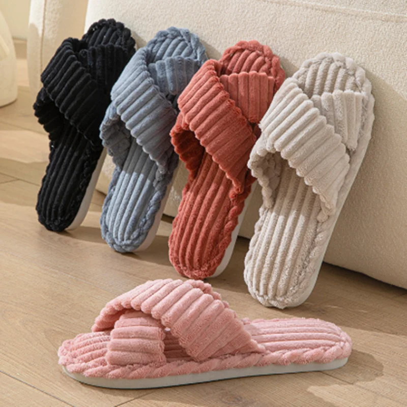 

2025 New Leopard Print Cross-Strap Plush Slippers, Open-Toe Faux Fur House Shoes for Women - Warm Winter Indoor Comfort