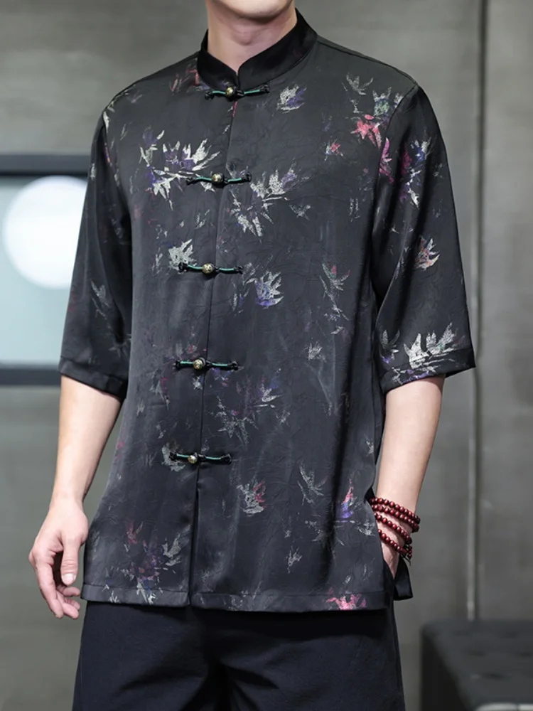 

Мужская рубашка из ледяного шелка с коротким рукавом, тонкая, свободного кроя, на пуговицах, летняя, модная, повседневная, тонкая, с охлаждающим эффектом, в традиционном стиле