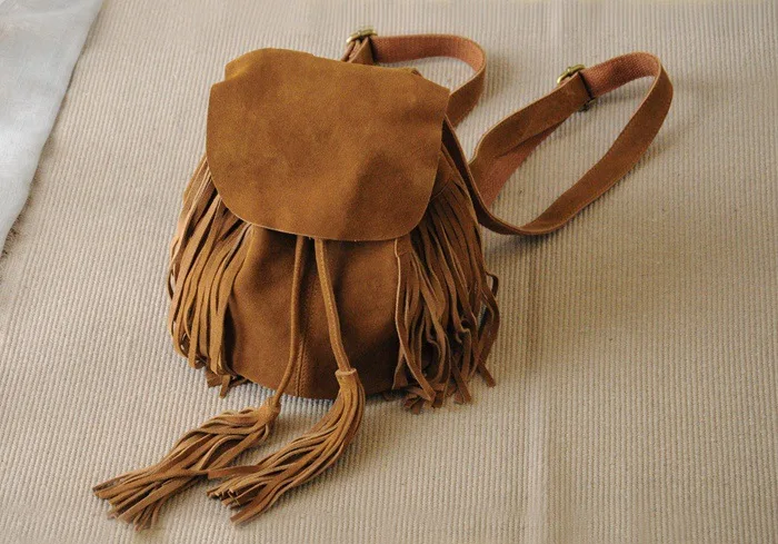 TEELYNN Luxury Genuine Leather Suede Backpack Bag for Women Small Mini Bucket Chic Bohemian Fringe Backpacks Brown Bags