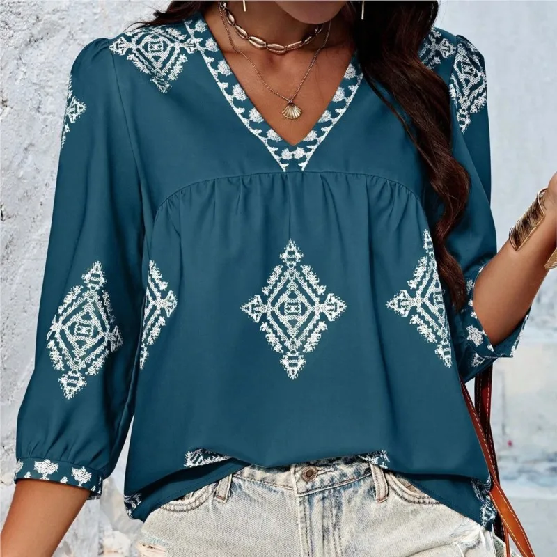 2024 Women\'s Blouse Summer New Fashion Print 3/4 Sleeve V-neck Female Top Loose Ethnic Style Pullover Shirt Top Camisas Femme