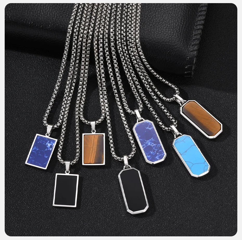 Vnox Herren Edelstahl Halskette mit Boxkette und Hundemarken-Anhänger, Tigerauge, Türkis, Sodalith, schwarze Emaille, geometrischer Schmuck, Geschenk – Detail 5