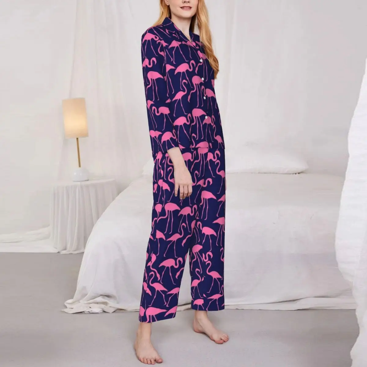 Pink And Navy Flamingo Pajamas Woman Animal Print Warm Leisure Sleepwear Spring Two Piece Aesthetic Oversize Graphic Pajama Sets