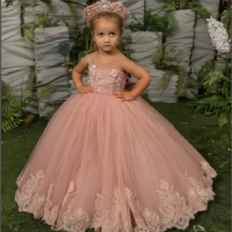 Strati gonfi rosa Abiti da ragazza di fiori Fiocco in tulle Abiti da principessa per bambini Prima comunione Compleanno Battesimo Regali per bambini