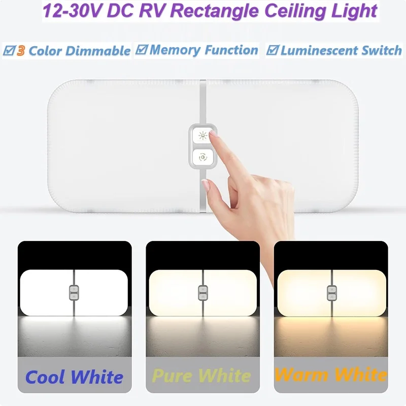 

12-30V Rectangle Dimmable Ceiling Light,Night Light Switch,Momery Function,3 Lighting Color,Ultra-thin RV Boat Interior Lighting