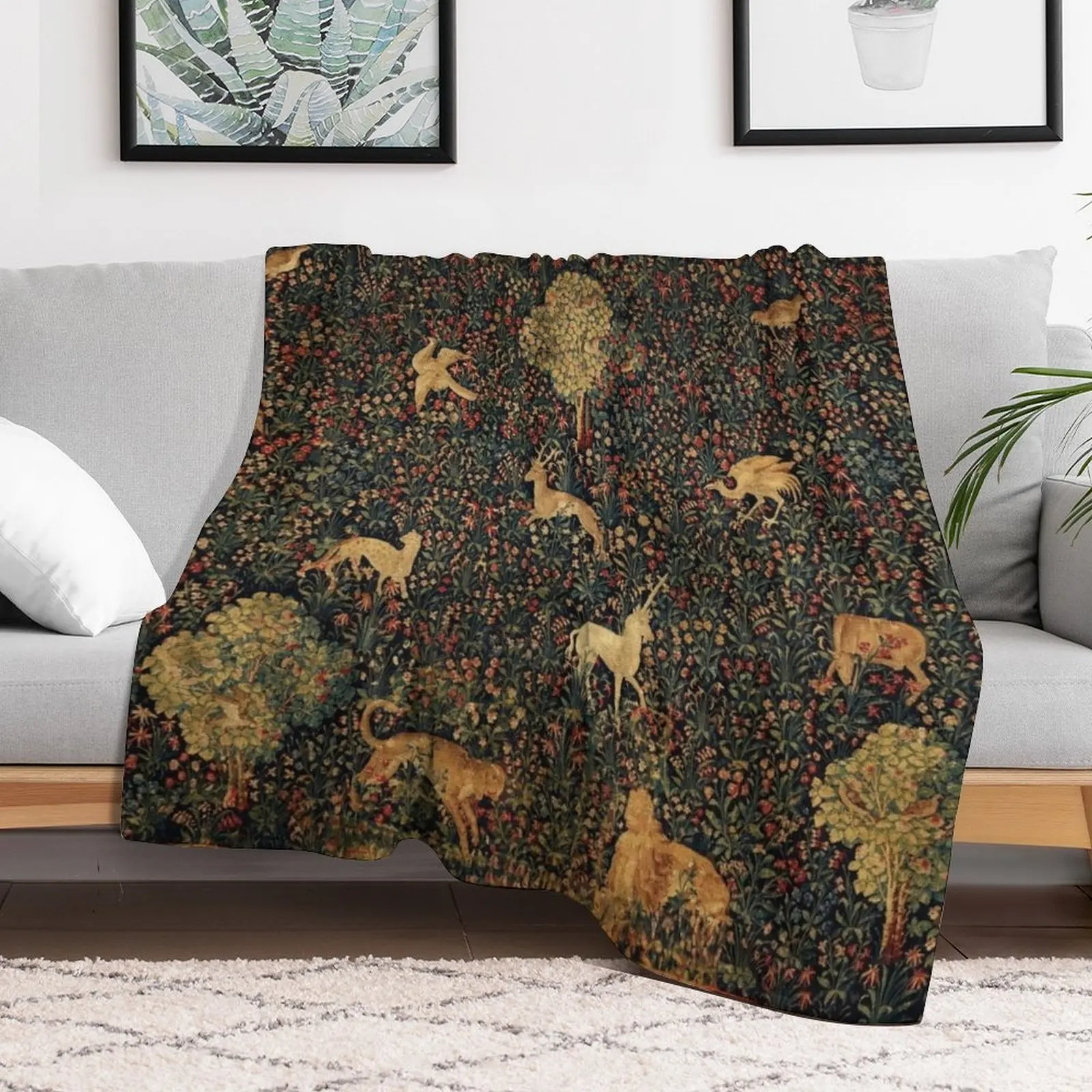 

UNICORN AND MEDIEVAL BESTIARY Millefleurs Red Green Floral Tapestry ,Forest Animals, Throw Blanket decorative Tourist Blankets