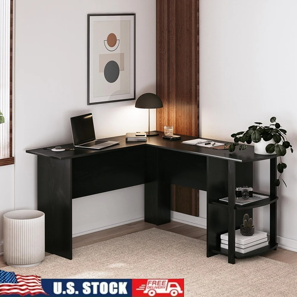 

L Shaped Desk with Side Shelves Cable Management Corner Computer Desk Black Oak Finish Home Office Furniture