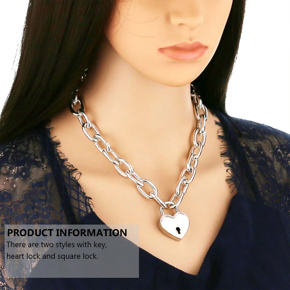 

2Pcs Alloy Chain Necklace Thickened Simple Hip Hop Punk Heart Key Square Lock Pendant 50cm Stylish Metal Neck Jewelry
