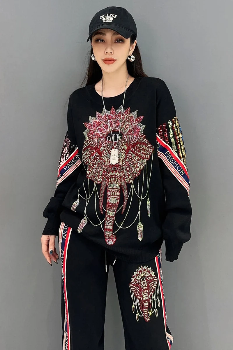 Vefadisa 2024 Autumn New Black Hot Diamond Cartoon Elephant Women O-neck Long Sleeved Top Casual Pants Two-piece Set ZXY633A