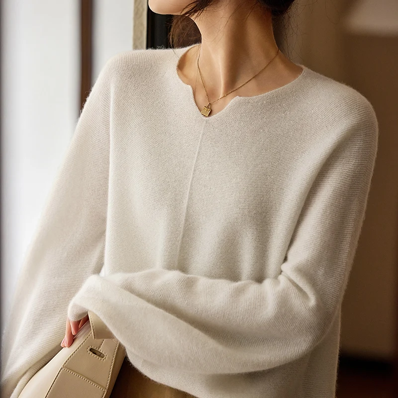 2025 Spring New Cashmere Sweater Women's V-neck Loose Fashion Long Sleeve Pullover 100% Pure Wool Knitted Solid Color Sweater