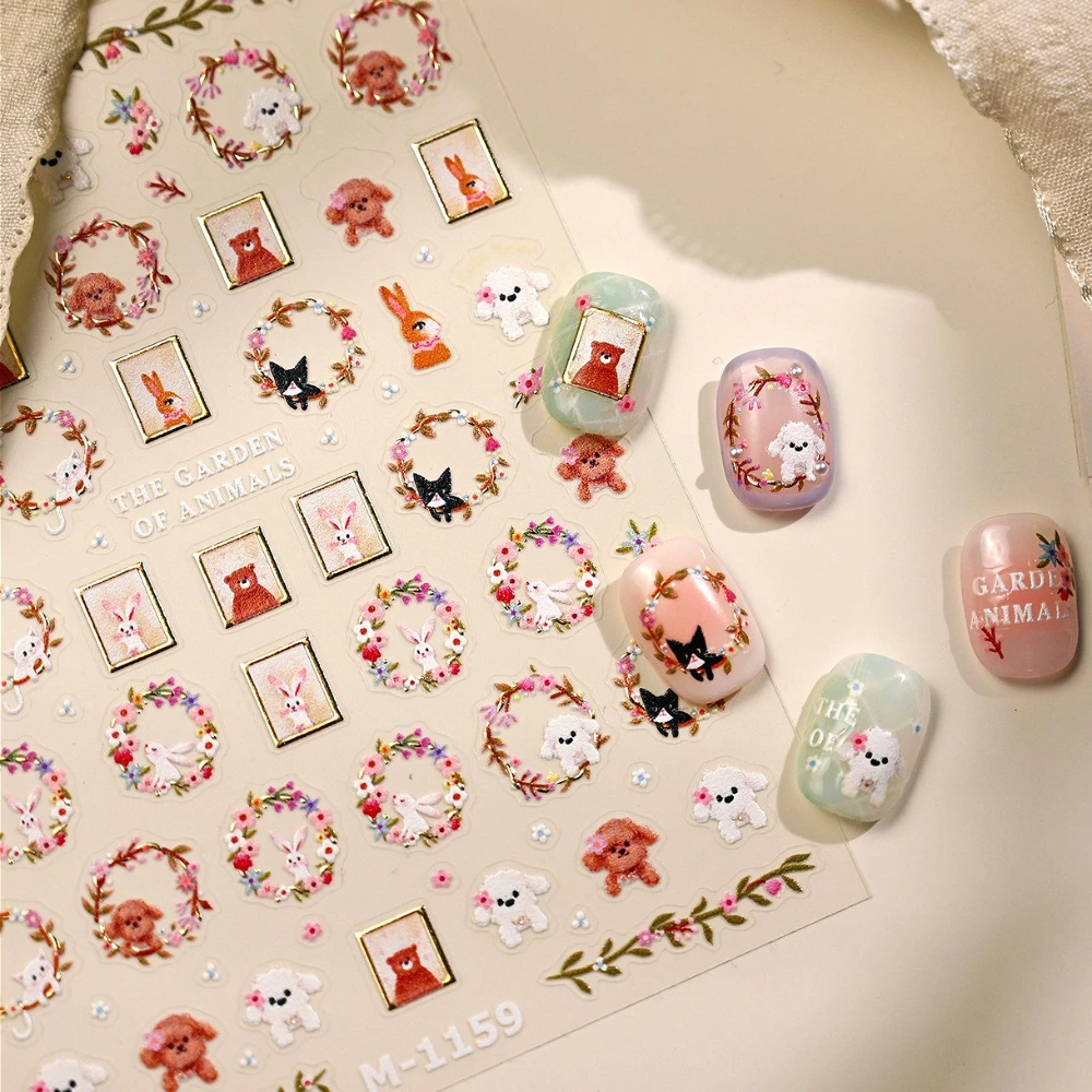 

Lovely Cat Dog Rabbit Gold Stamped Flowers Leaf Garland 3D Self Adhesive Nail Art Stickers Cute Cartoon Animals Manicure Decals