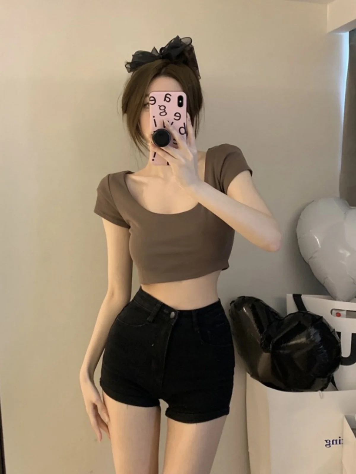 Kaki Color Pure Desire Square Collar Short Sleeve T-Shirt Women Summer Sexy Big Neck Slimming Belly Show Short Top