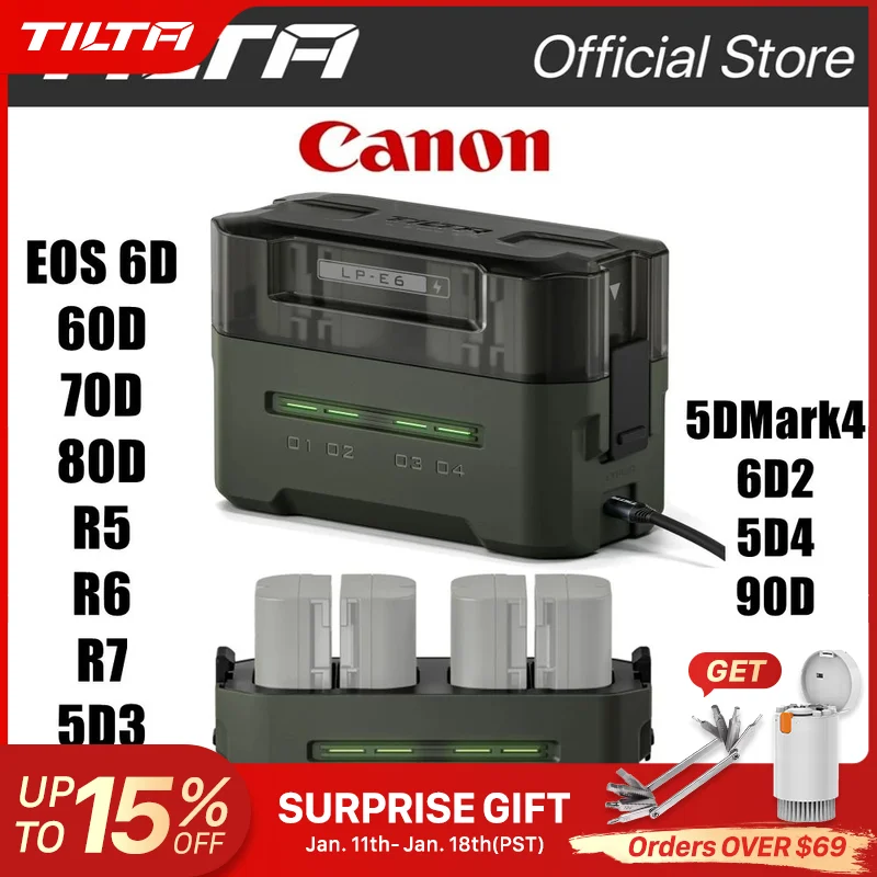 TILTA LP-E6 Akku 2400 mAh tragbare Ladestation (4 Kanäle) für Canon R5, R6, 5D4, 6D2, 7D2, 90D R-Serie
