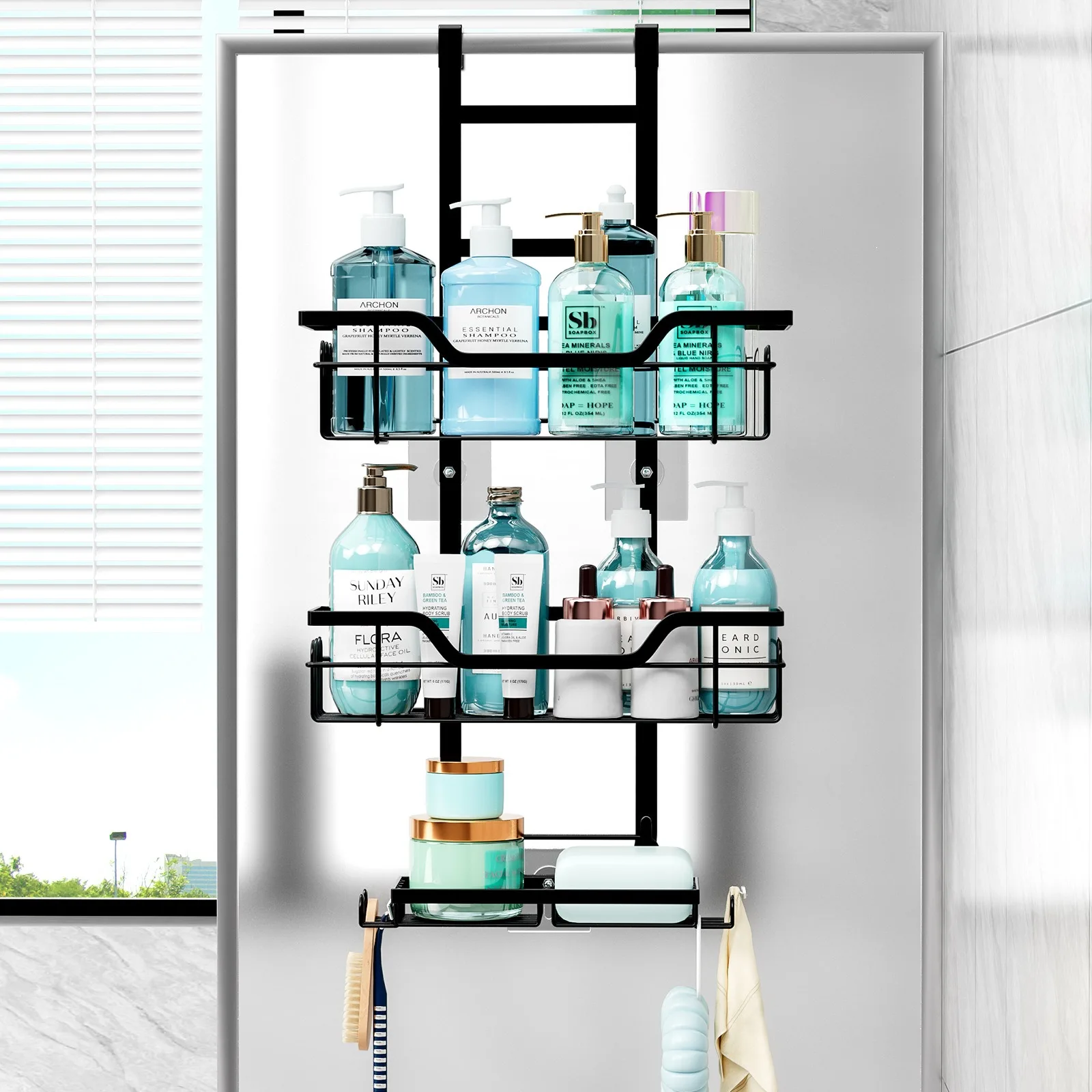 3-Tier Bathroom Rack Hanging Shower Head Multifunctional No Drilling Shampoo Conditioner Soap Shelf Bathroom Accessories