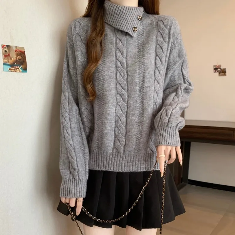 Mädchen Koreanische Grau High Neck Pullover Gestrickte Pullover Strickjacke frauen Einfarbig Einfachen Stil Verdicken Vintage Herbst Winter