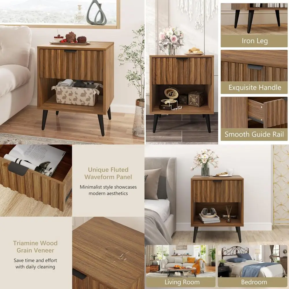 

Современная рифленая тумбочка: натуральное дерево с выдвижным ящиком и открытой полкой для современной спальни.